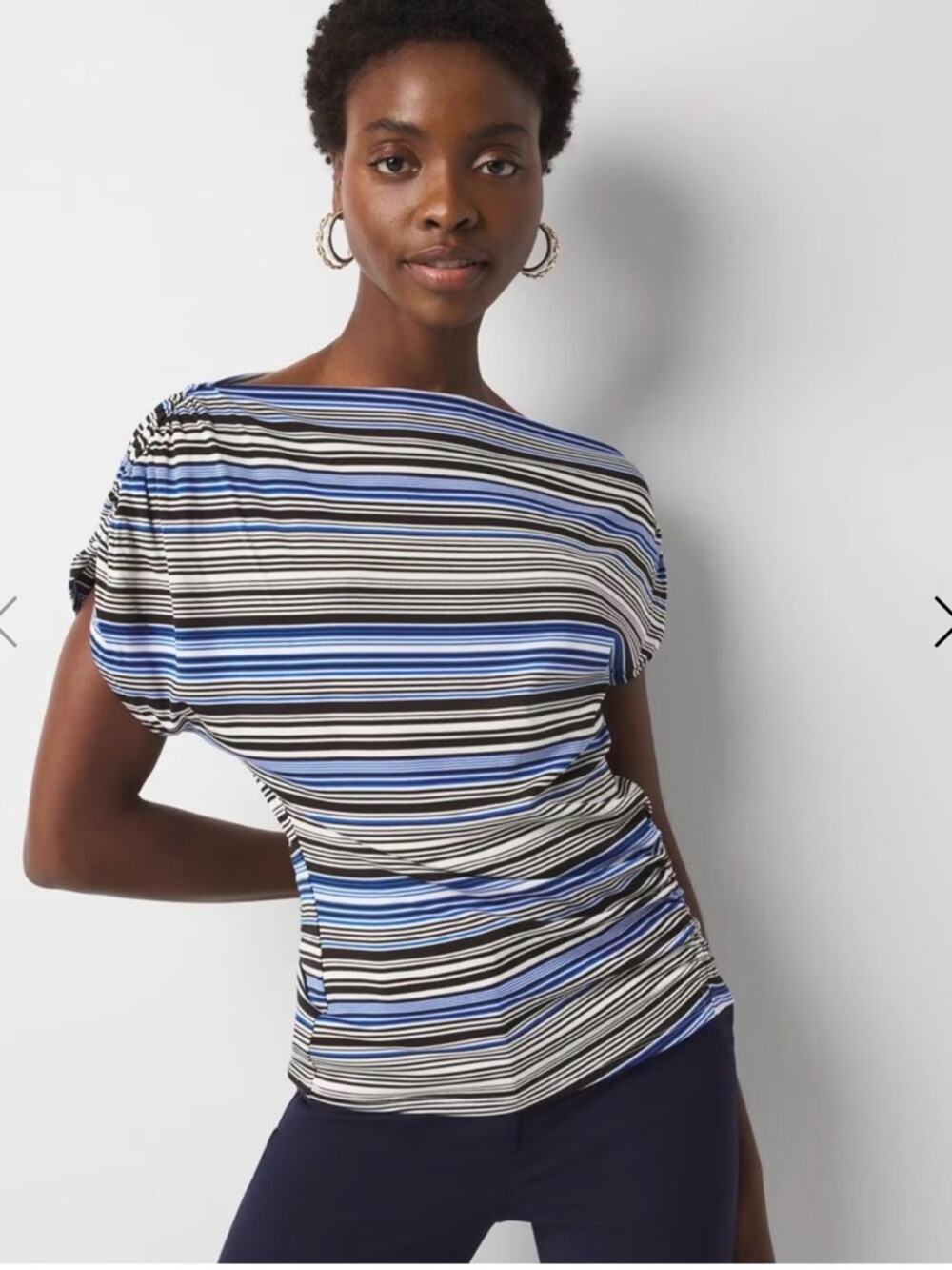 EUC White House Black Market WHBM Asymmetrical Ruched Blouse Blue Striped Medium